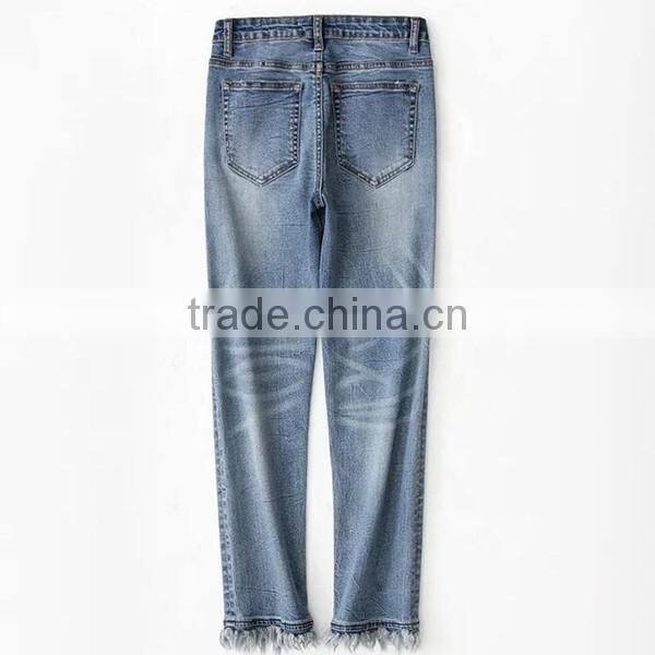 2017 summer latest design mid waist black skinny holes denim pants elastic pant for women