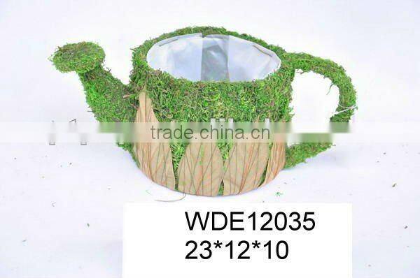 bark water can planter flower pot with moss decoration