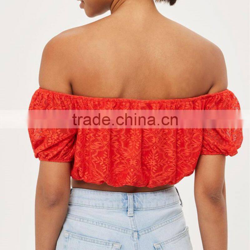 Good Reputation Elastic Hem Fashion Neckline Puff Sleeves Lace Stand-Out Crop Top