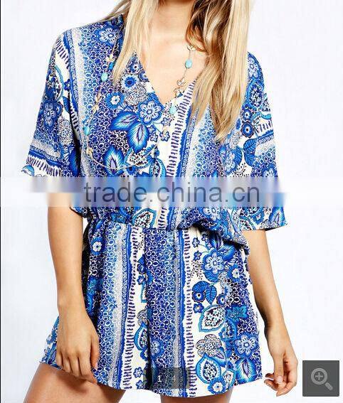 2015 sexy womens deep V neck plus size open front African Print Kimono Sleeve loose Playsuit