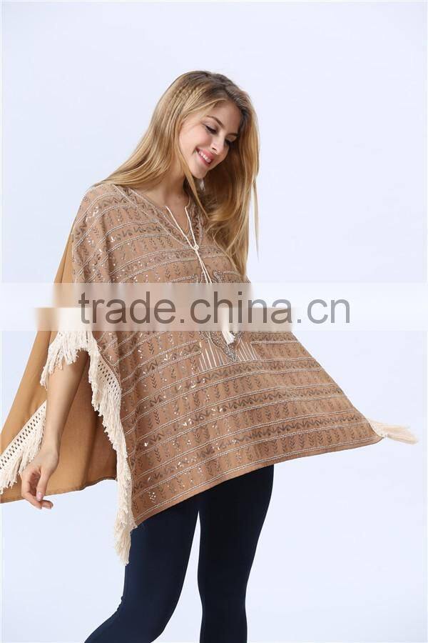 New Arrival Ladies Fashion Design Elegant Winter/Autumn Tan Colour Dolman/ Cape/Shawl Coat With Fringing and Beading for women