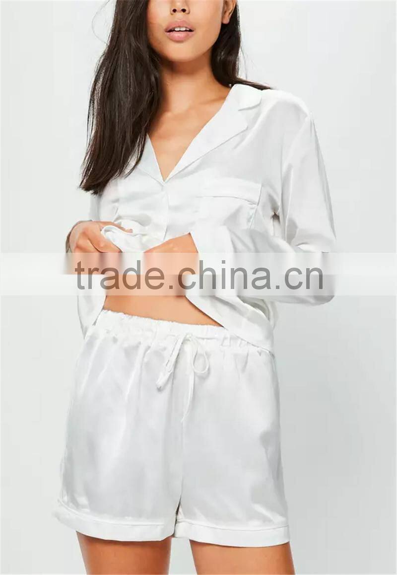 MGOO Custom Fashion White Piping Pajama Sets Custom Brand Logo Embroidered Sleepwear 100 Polyester Satin