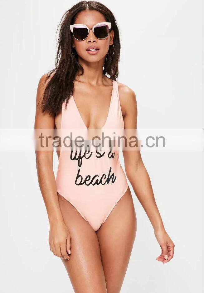 2017 Women Swimwear One Piece Sexy Low Side Sexy Swimsuit Spandex/Polyester Material Swimwear&Beachwear Letters Print
