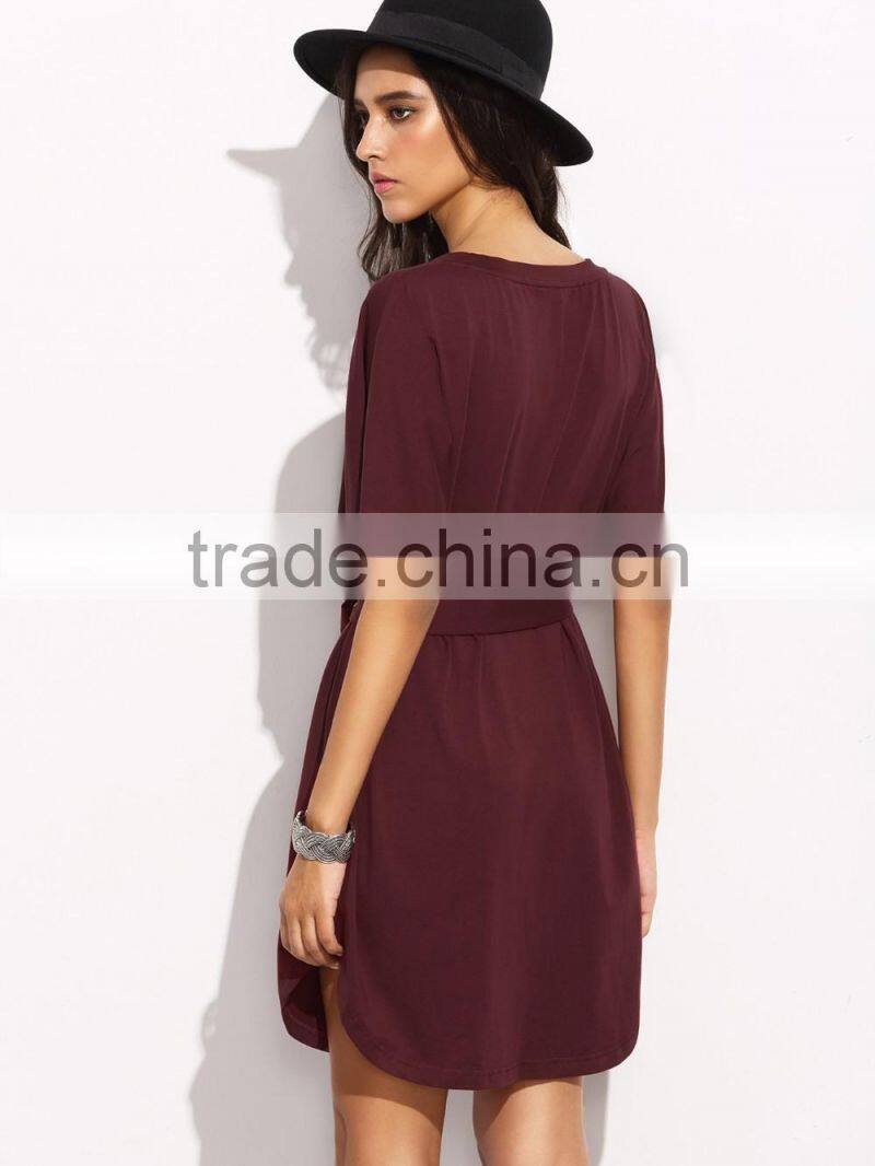 Burgundy Open Shoulder Swing Dress Cotton Polyester Blend Long Sleeve Casual Dress