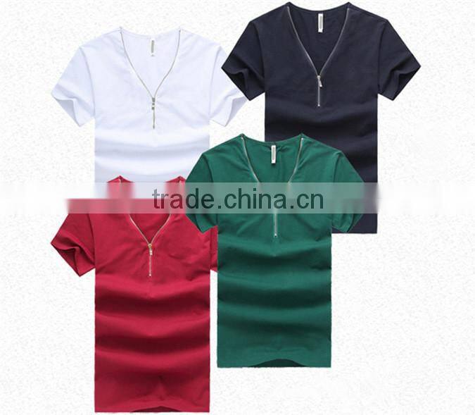 China Factory Latest Style 180 Grams Short Sleeve Round Neck Cotton Black Men Blank Zip T-Shirt