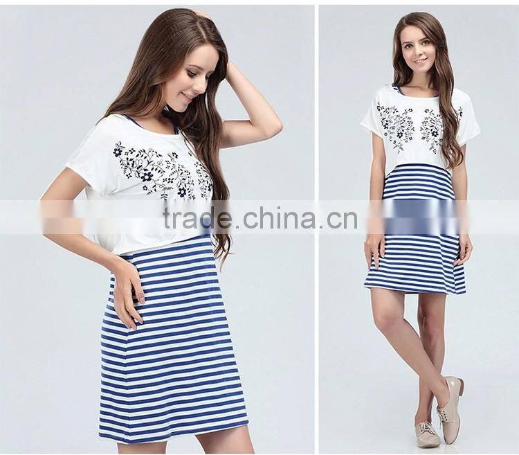 White and Blue Strips Maternity Dress End Atheleisure Nursing Clothing Athleisure Hide Breastfeeding Opening Skirts