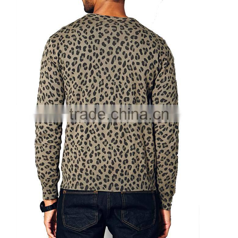 fashionable crew neck leopard pattern cotton long sleeve men pullover sweater