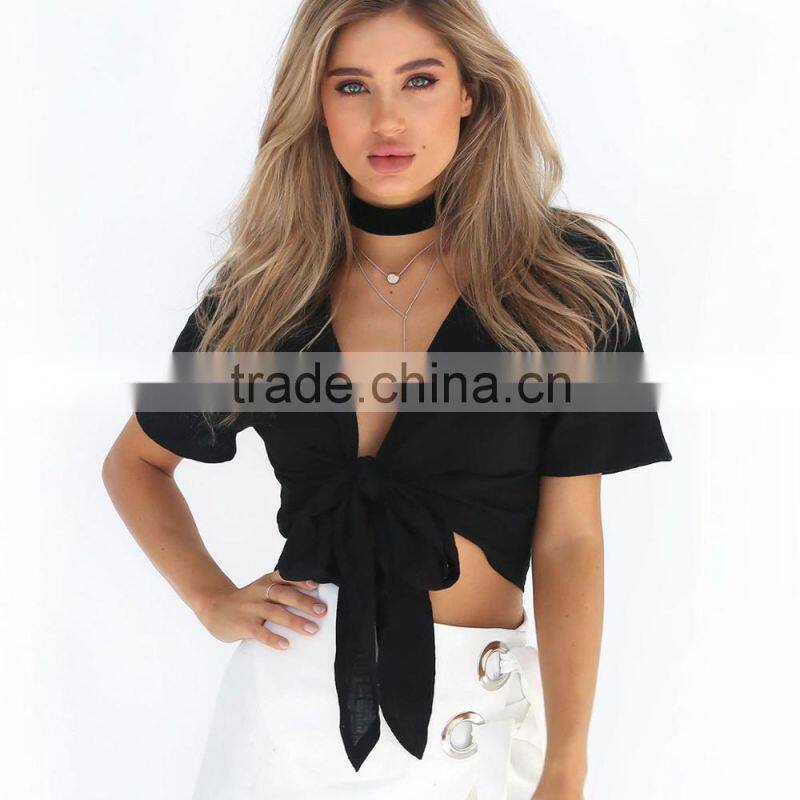 Latest Design Sexy Deep V Neck Crop Tops Short Sleeve Blouse 2017