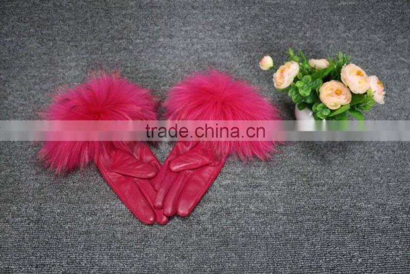 Hot Sell Ladies Winter Warm Genuine Leather Gloves With Raccoon Fur Cuff