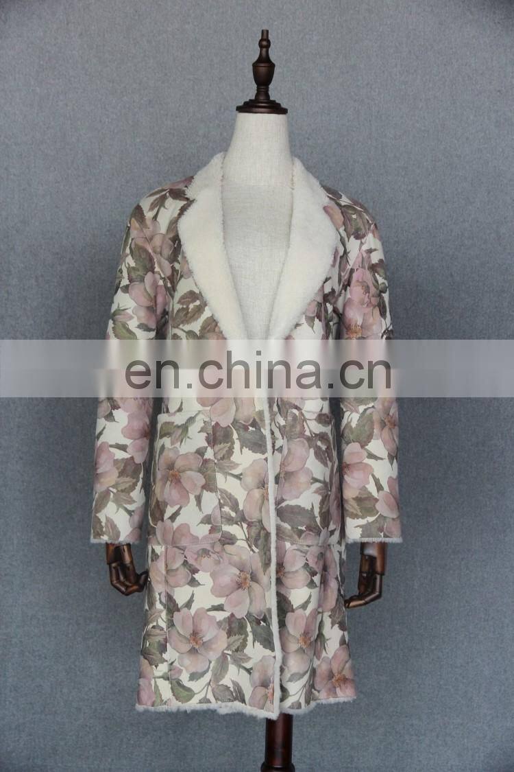 Glorious Design Floral Prints Sheepskin Fur Garment Top Quality Sheep Fur Jacket Ladies Long Fur Dress