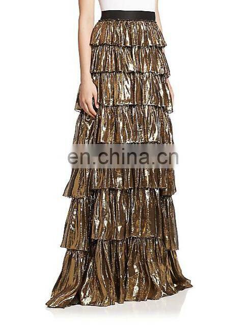 hot selling lame voile tiered silk-blend lady skirt, wholesale fashion subtly flared shape maxi skirt long design