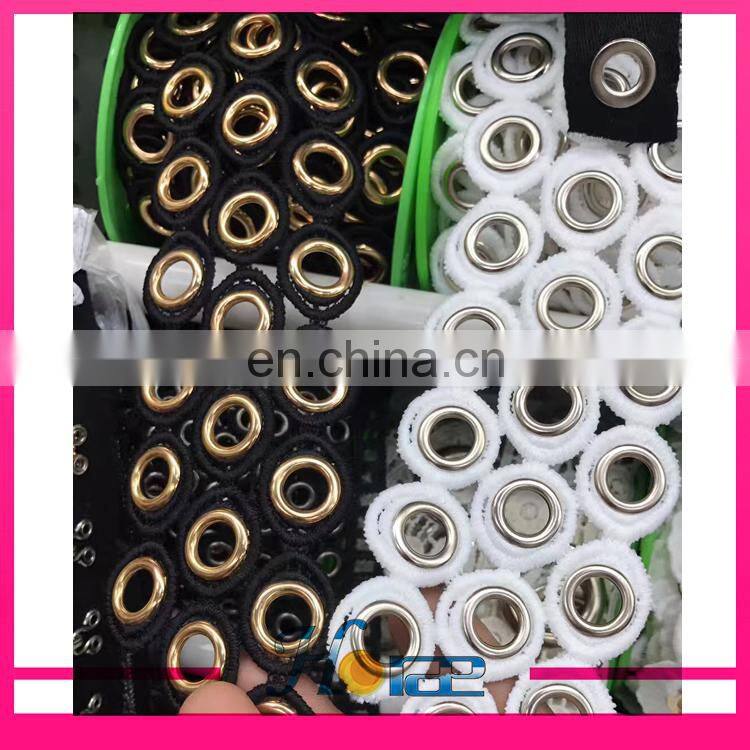 Latest design gold metal grommet eyelet black polyester lace trimming for garment and shoe