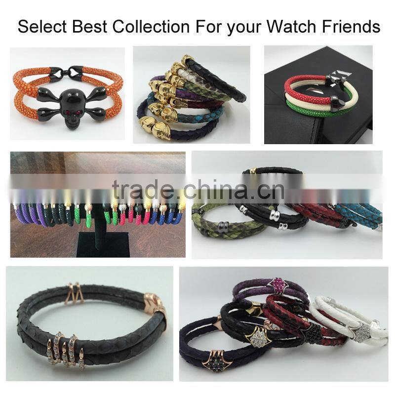 C Shape Python Leather Bracelet Stainless Steel High End Zircon Stone Crystal Red Black Leather Gold Plated Clasp Bangle