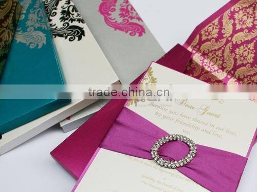 Gold Silk Wedding Invitation with rhinestone brooch and ribbon ON SALE