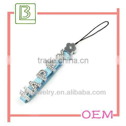 2013 novelty fashion zinc alloy rhinestone black fabric cell phone strap