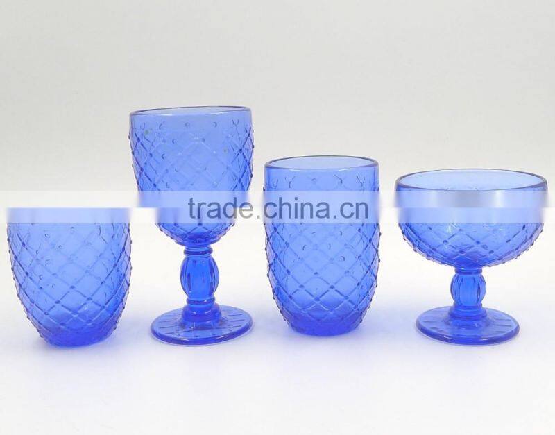 press glass Wine goblet,Hiball,DOF, sundae cup in Cobalt blue color with Knit embossed patern