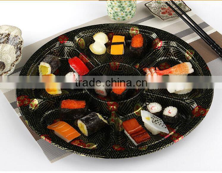 13" round embossing sakura PS plastic 6 compartment disposable food tray