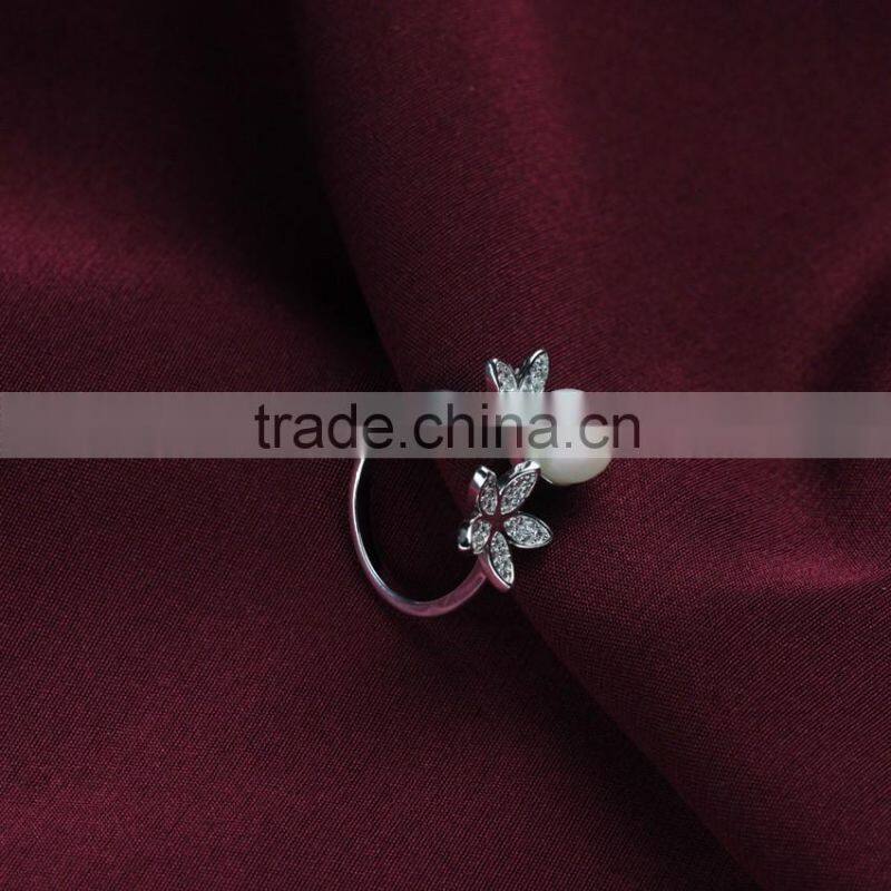 pure white resizable open size latest design natural freshwater pearl silver ring
