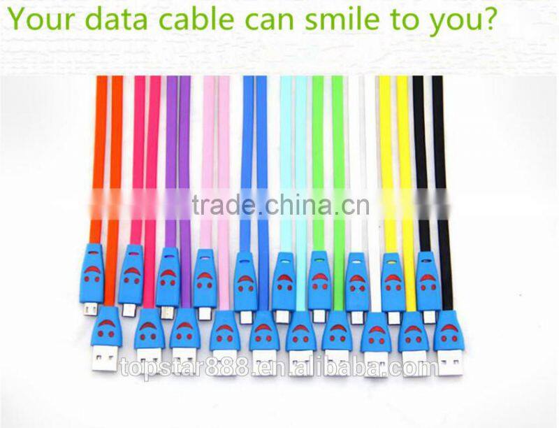 Flat Noodle LED Light Smile Face Data Cable USB for Micro Port ,For Samsung,htc,huawei ,Coolpad Ect