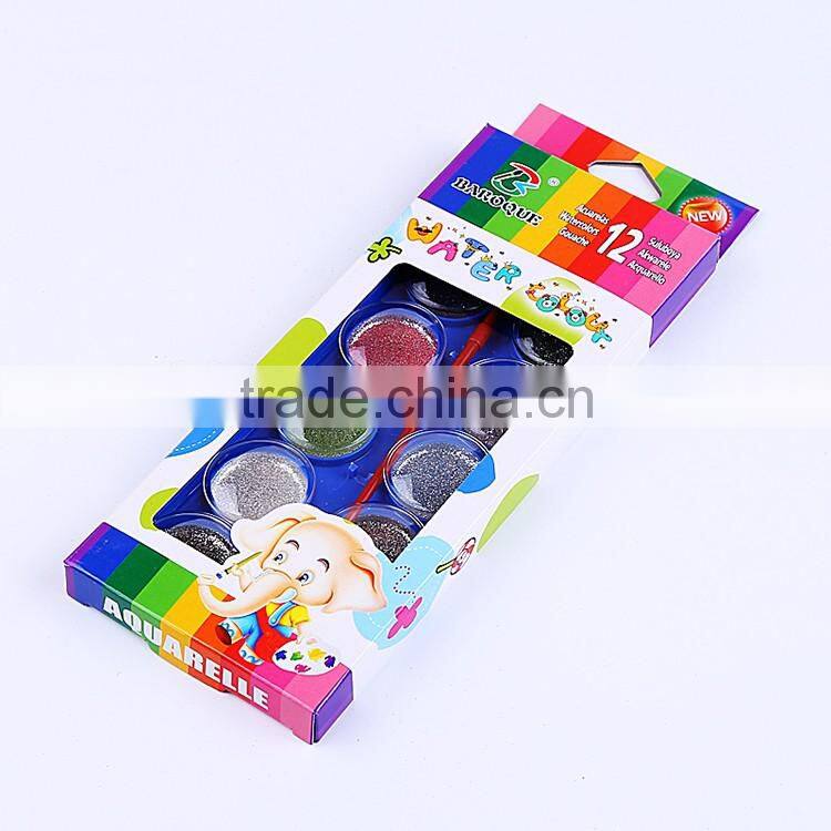 Professional 12 colors dry glitter water color cakes in color box,solid powder for watercolor painting