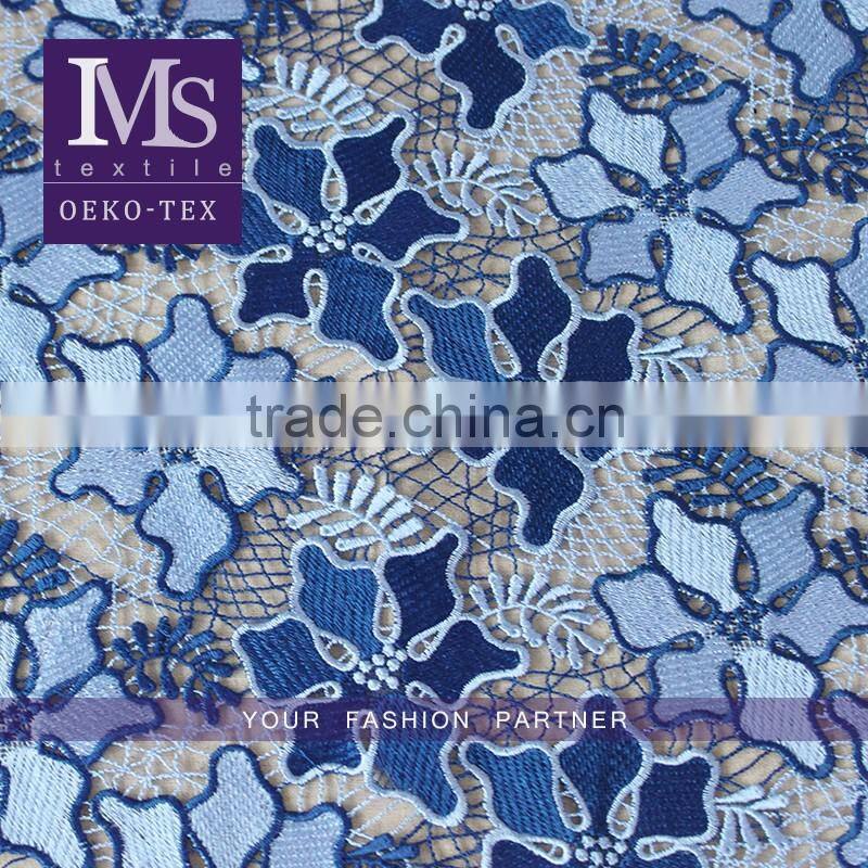 Top fashionable colorful leaves embroidered lace fabric dresses fabrics