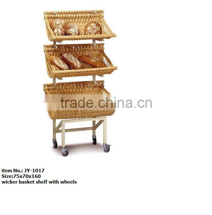 Cheap wicker basket storage shelves with 4 wheels