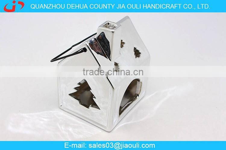 plating silver ceramic house shape hurricane lamp for decoration