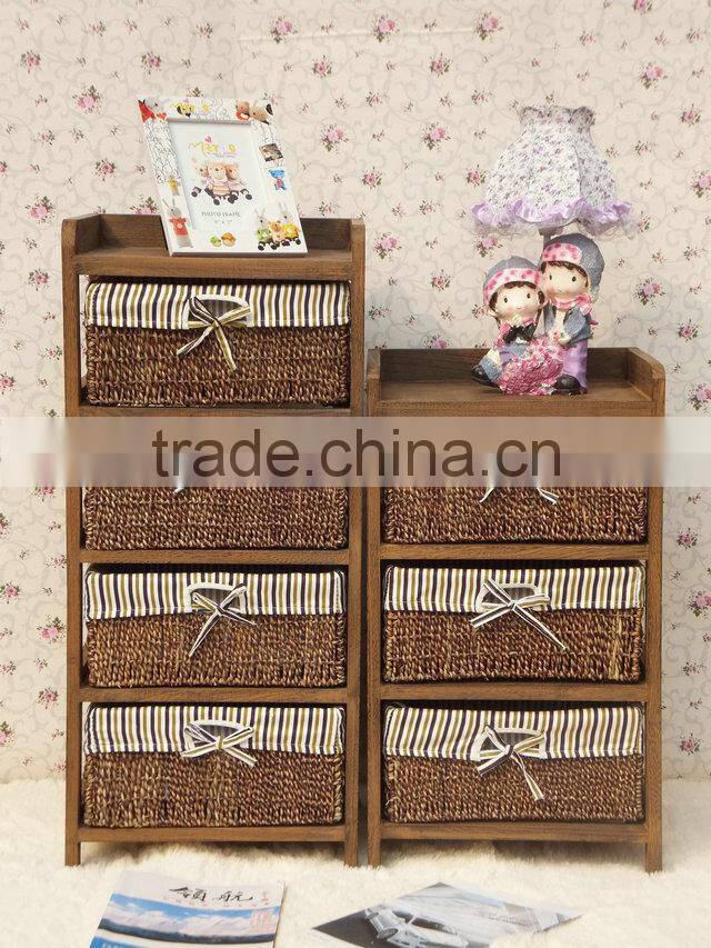 Shabby chic wooden sotorage wicker caninet with 5 drawers