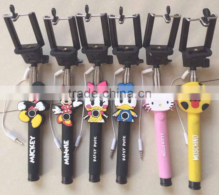 With cute cartoon design handheld extendable Cable Take Pole selfie stick/ cartoon monopod/ wire selfie stick