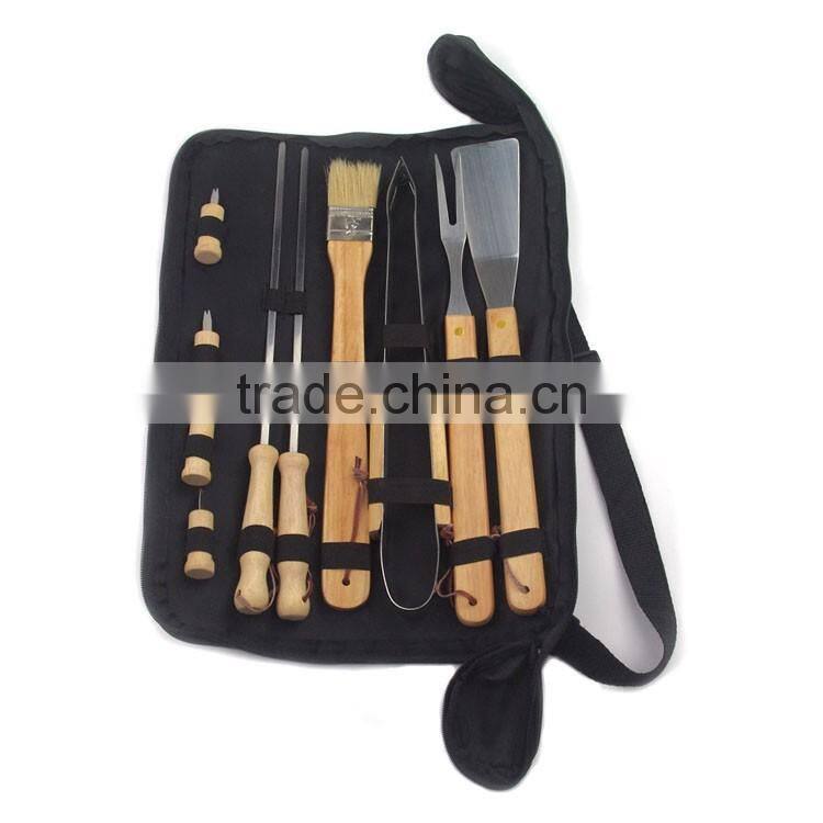 10pcs BBQ tool set with wooden handle in nylon bag