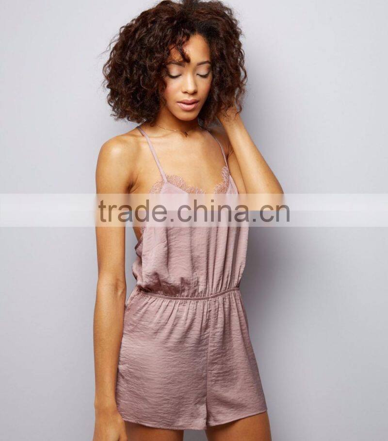 Women Casual Fit Satin Pajamas Set With Elasticated Waist Pink Sateen Lace Trim Playsuit V Neck