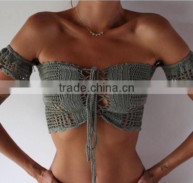 2017 fancy cotton crossed ladies hand knitted bikini