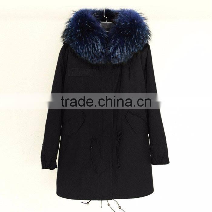 Myfur Hot Sale Black Cotton Women Men Parka with Real Black Raccoon Fur Collar Trimmed Hood