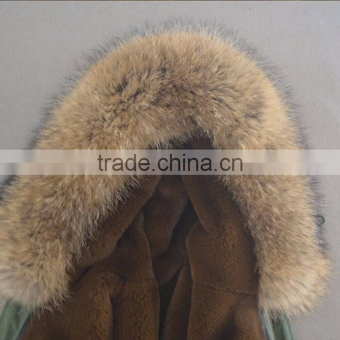 Myfur Long Parka with Detachable Raccoon Fur Hood Navy Fur Trimmed
