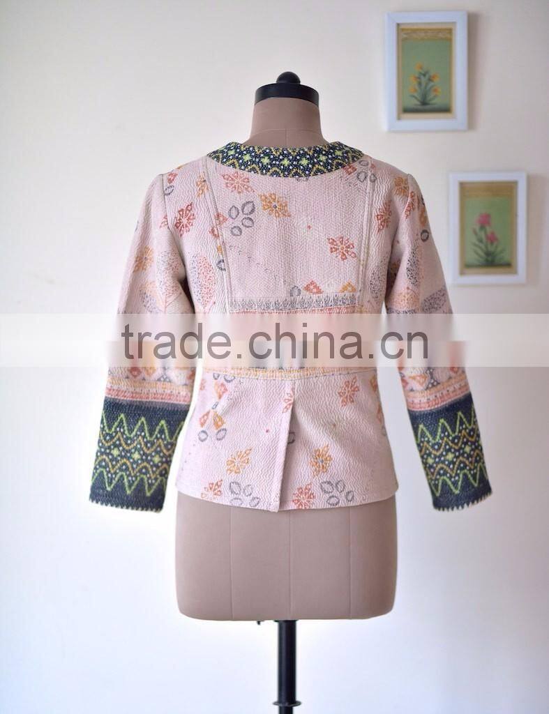 Handmade Boho Jacket with Embroidery, Made of Kantha Fabric ~ Large