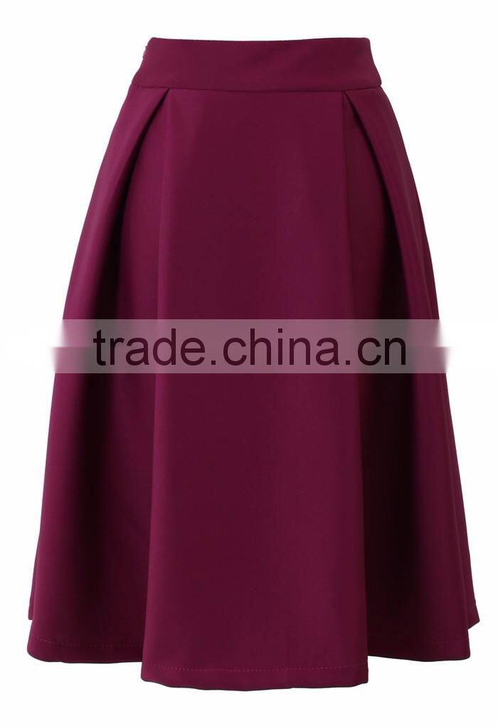100% Polyester pleated side pocket midi skirt wholesale women skirts outfit 2016
