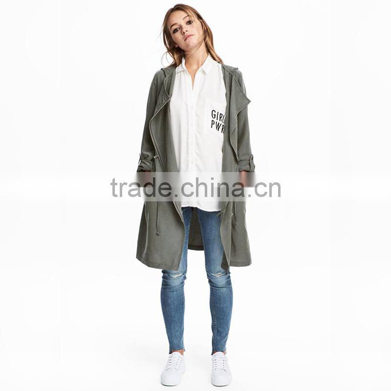Hooded parka diagonal zip drawstring waist womens long warm jackets