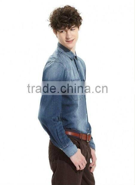 100% cotton dark blue washed cowboy long sleeve casual shirts for men with two pockets