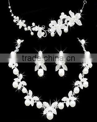 Flower Rhinestone Crystal Pearl Bridal Necklace Earrings Crown Women's Wedding Jewelry Set