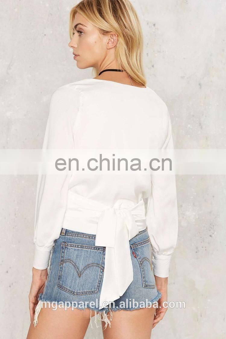 New style women tops and blouses, 2017 summer women wrap white blouse
