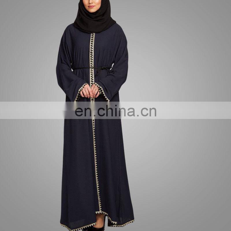 Modest Muslim Women Crepe Cardigan Navy Kimono with Lace Overcoat Open Front Islamic Abaya