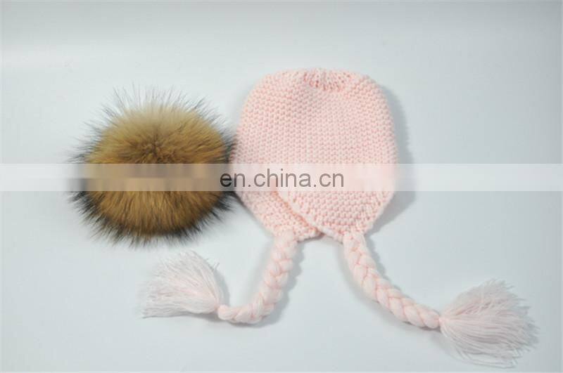 High Quality Knitted Beanies Colorful Big Raccoon Fur Pom Pom Winter Hat Beanie Kids