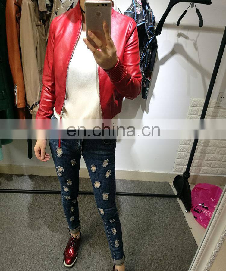 2017 Slim Red Leather Jacket Design Motorcycle Leather Ladies Short Jacket
