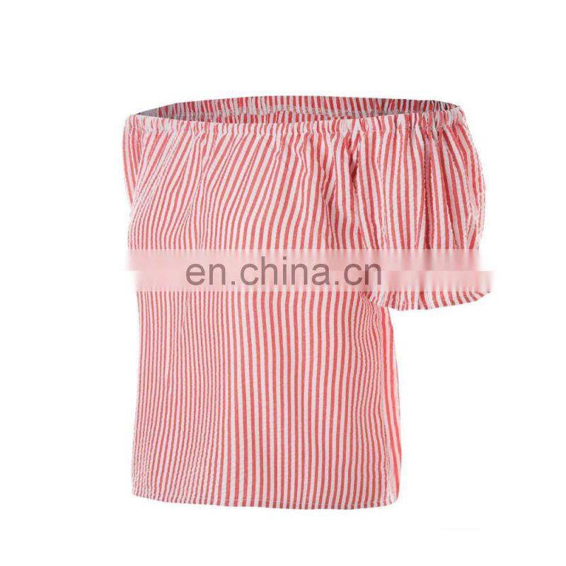 2017 Europe summer women new strapless dress shirt striped Joker slim short sleeve shirt