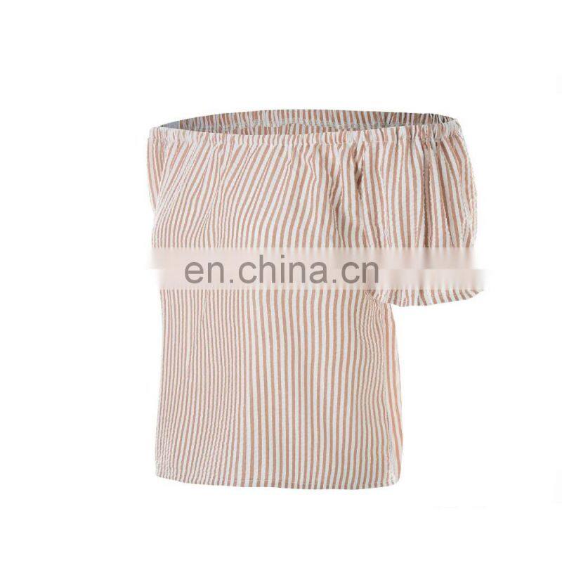 2017 Europe summer women new strapless dress shirt striped Joker slim short sleeve shirt