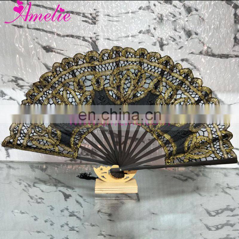 Lolita Style Black with Metallic Gold Lace Battenburg Lace Fan Wedding Accessories Party Favors Gifts
