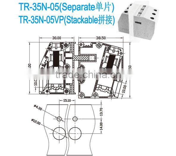 Pitch 15.1mm 600V 115A High Current Through Panel Terminal Block
