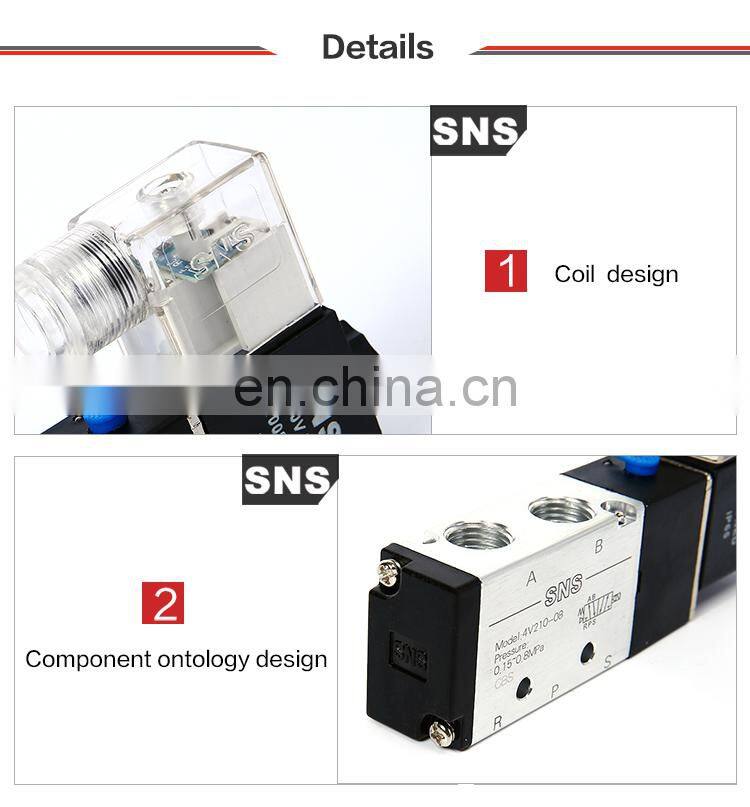 SNS 4V2 series pneumatic 5/2 way solenoid operated directional control valve, 12V/24VDC/220VAC solenoid valve