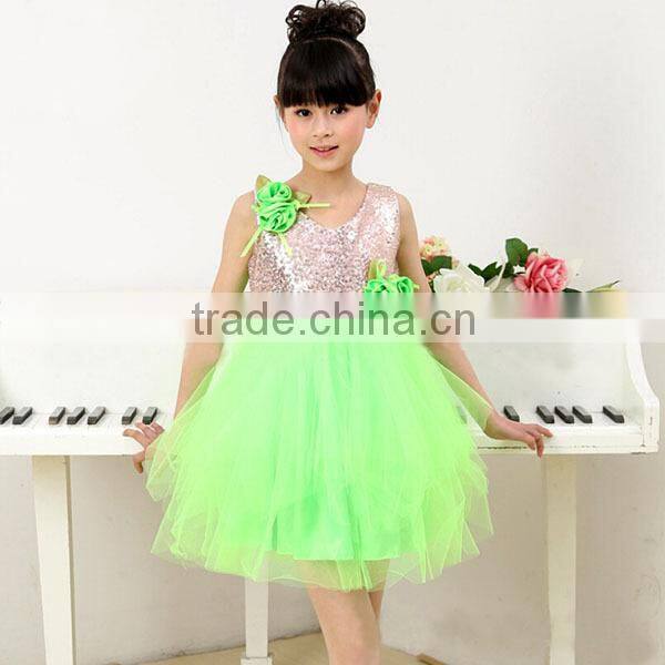 In-stock children princess modern dance costume sequin dance costume school girls( Pink , green, orange)