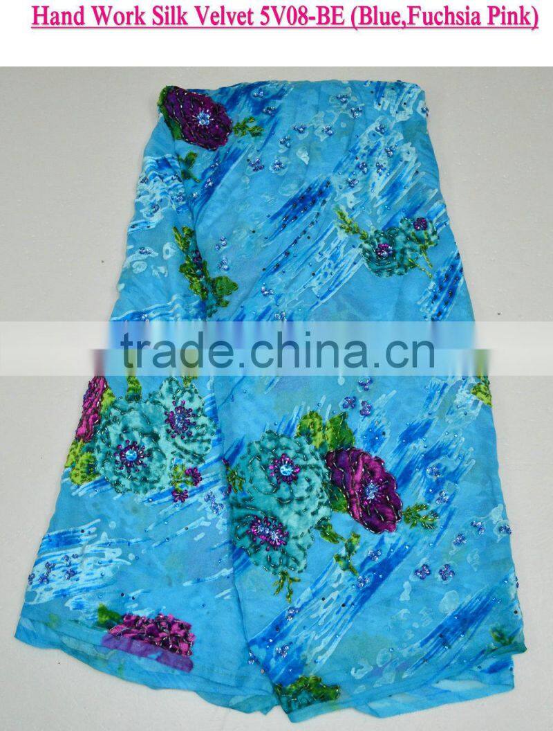 Kapok hand work bule discount price silk velvet lace fabrics for sale